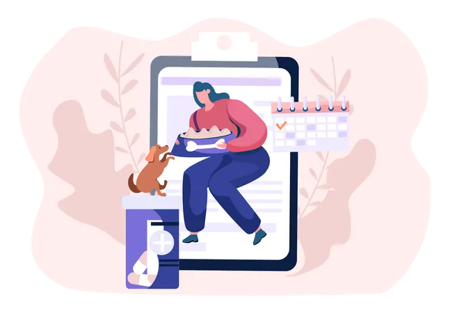 Mujer entrenando a su animal doméstico  Ilustración