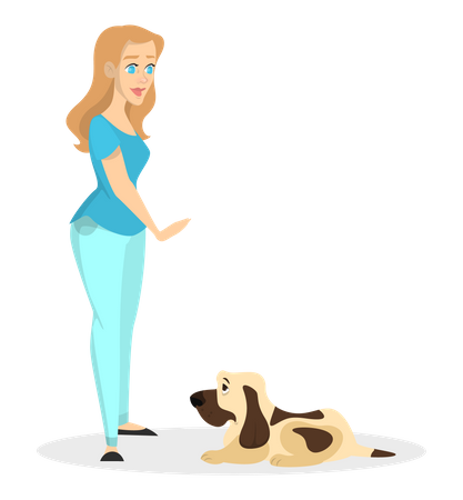 Mujer entrenando a su perro mascota  Ilustración