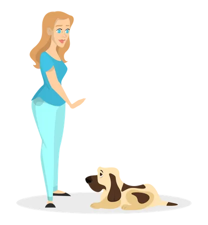 Mujer entrenando a su perro mascota  Ilustración