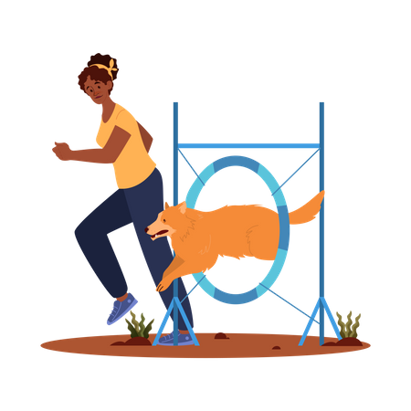 Mujer entrenando a su perro para que salte neumáticos  Ilustración