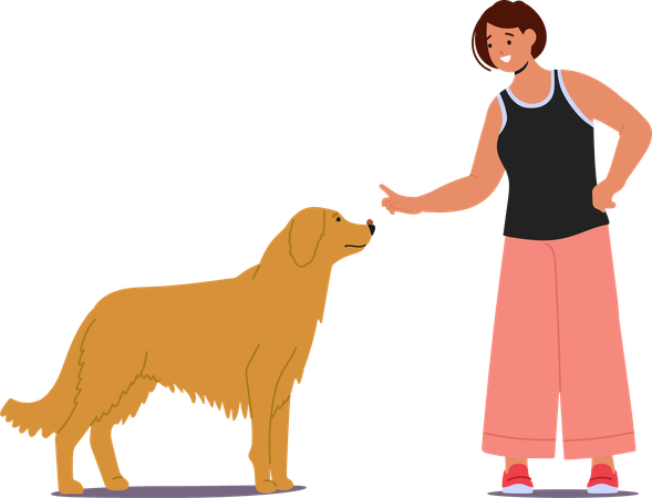 Mujer entrenando a un perro usando comandos manuales  Illustration