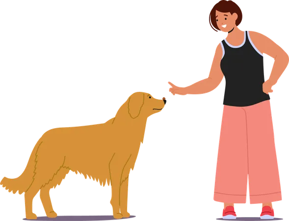 Mujer entrenando a un perro usando comandos manuales  Illustration