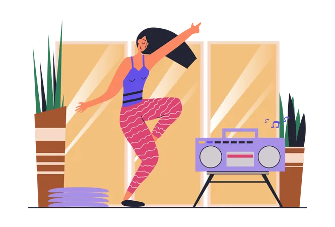 Mujer entrenando danza moderna en clase de estudio y escuchando música en el tocadiscos  Ilustración