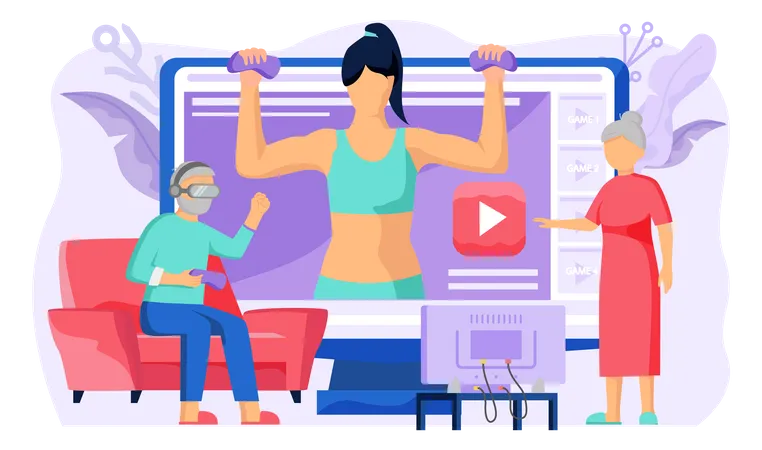Mujer entrenando en vídeo tutorial de fitness online  Ilustración