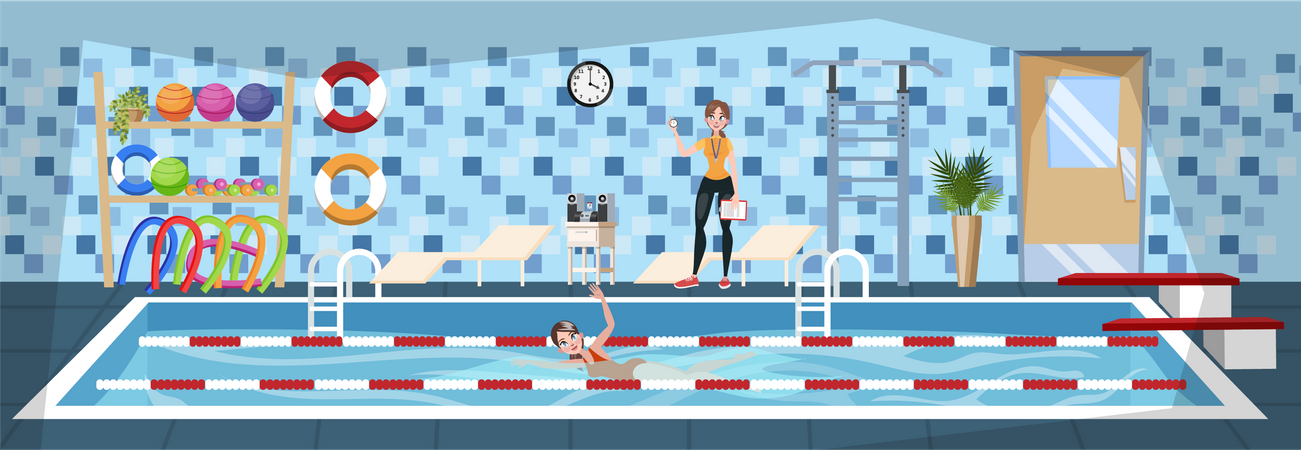 Mujer entrenando en la piscina  Ilustración
