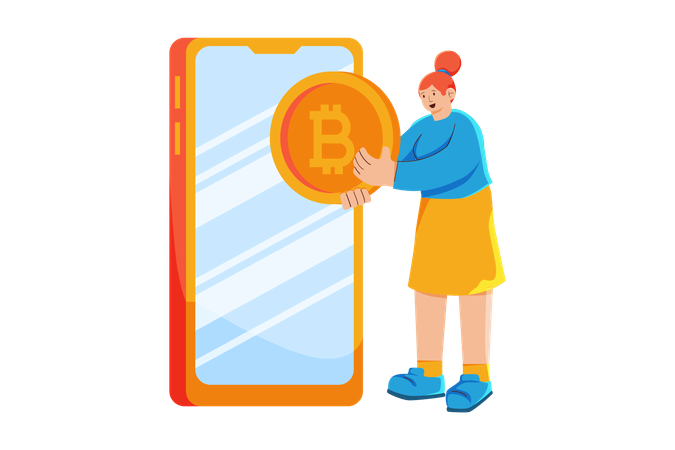 Mujer enviando bitcoins a través de una aplicación móvil  Ilustración