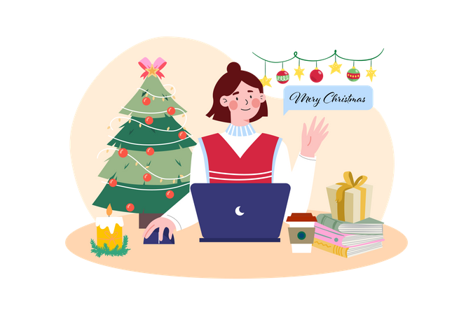 Mujer envía saludo navideño en línea  Ilustración