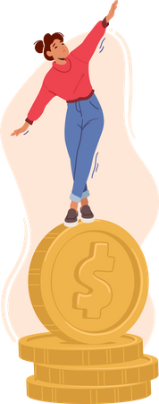 Mujer equilibrio sobre moneda  Ilustración