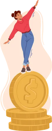 Mujer equilibrio sobre moneda  Ilustración