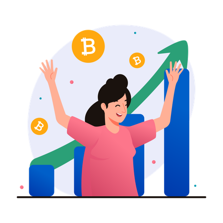 Mujer está feliz porque el precio del bitcoin está subiendo  Ilustración