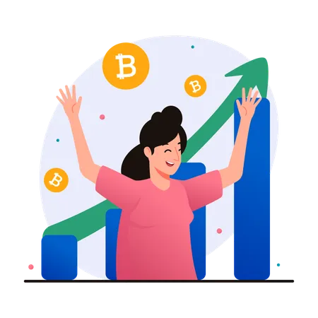 Mujer está feliz porque el precio del bitcoin está subiendo  Ilustración