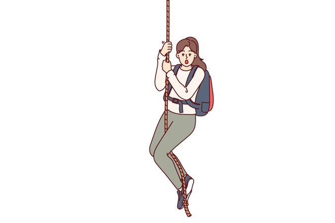 Una escaladora asustada cuelga de una cuerda y abre la boca por miedo o liberación de adrenalina en el cuerpo  Ilustración