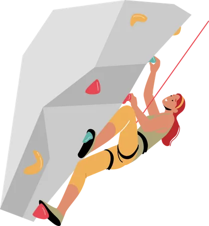 Escalador De Montana Personaje Femenino Deporte Extremo Estilo De Vida Activo Mujer Escalando Roca Con Apretones En Rope Park Girl Power Fuerza Motivacion Ambicion Y Desafio Ilustracion Vectorial De Dibujos Animados Ilustración