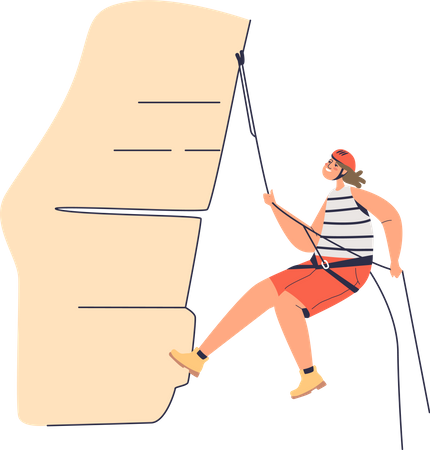 Mujer escalando roca usando cuerdas de seguridad y usando casco  Ilustración
