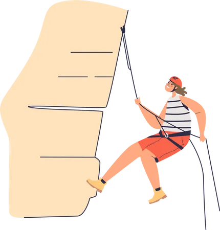 Mujer Activa Escalando Rocas Colgando De Cuerdas De Seguridad Y Usando Casco Entrenamiento De Escalador De Pared Para Chicas Concepto De Actividad Y Deporte Extremo Ilustracion De Vector Plano De Dibujos Animados Ilustración