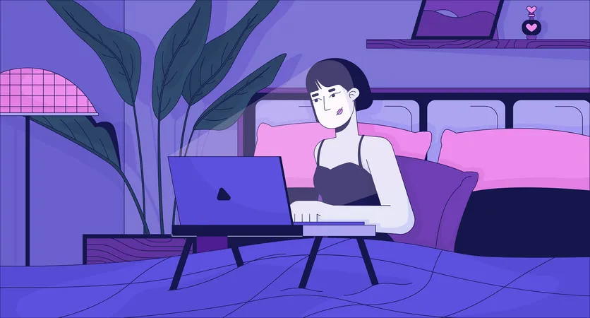 Mujer escribiendo una computadora portátil en la cama a altas horas de la noche  Ilustración