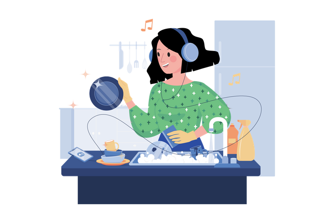 Mujer escucha el podcast mientras lava los platos.  Ilustración