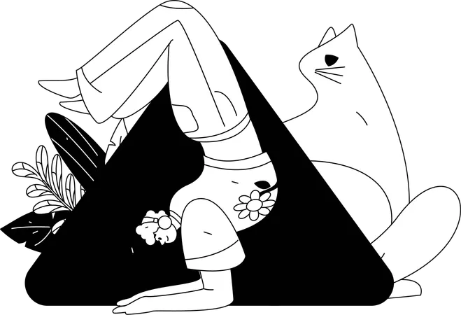Mujer escucha música mientras hace yoga  Ilustración