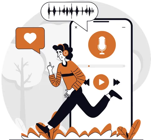 Mujer escucha podcast mientras corre  Ilustración