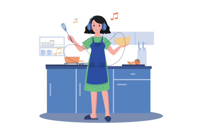 Mujer escuchando el podcast mientras cocina  Ilustración