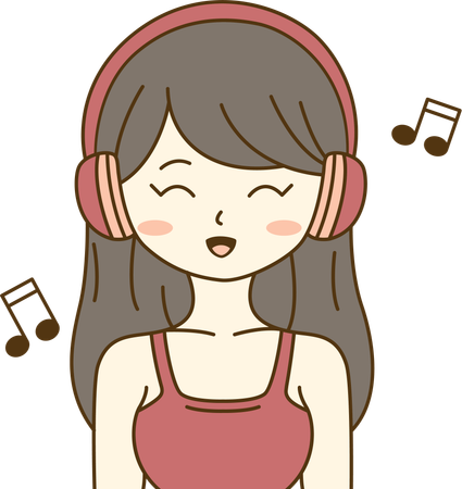 Mujer escuchando música con auriculares mientras canta  Ilustración