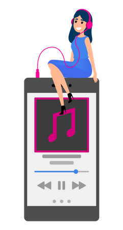 Mujer escuchando música desde la aplicación.  Ilustración