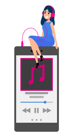 Mujer escuchando música desde la aplicación.  Ilustración