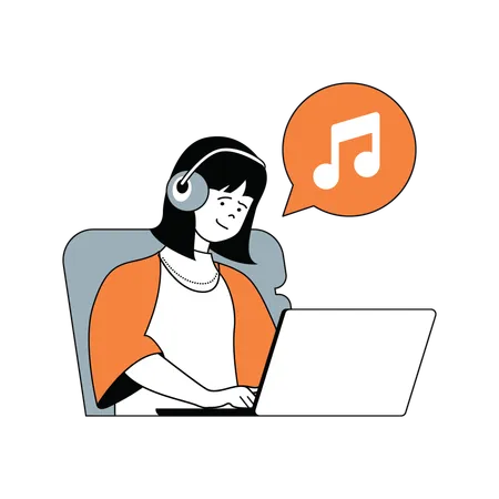 Mujer escuchando música en la computadora portátil  Ilustración