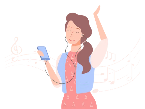 Mujer escuchando música en el teléfono inteligente  Ilustración