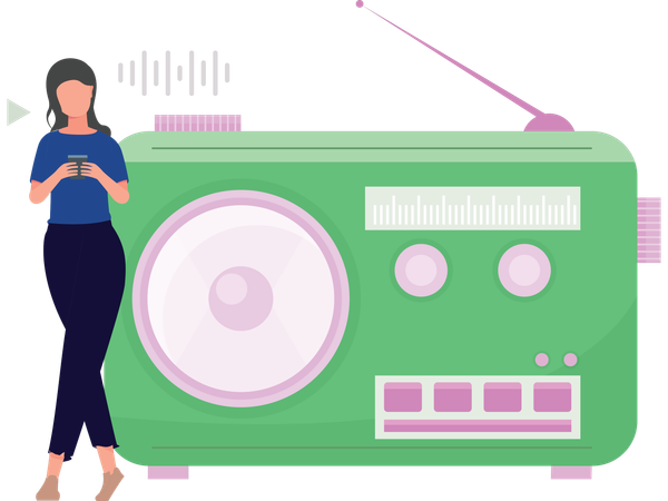 Mujer escuchando radio de viajes  Ilustración