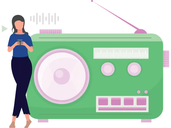 Mujer escuchando radio de viajes  Ilustración