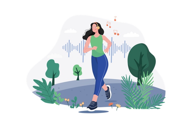 Mujer escuchando un podcast mientras hace jogging  Ilustración