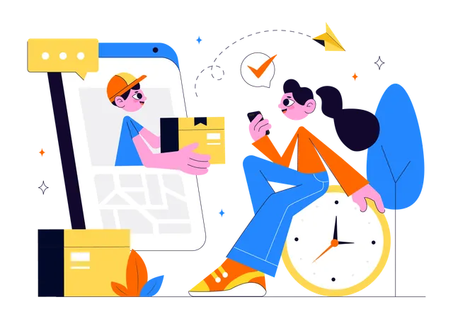 Mujer espera al mensajero o repartidor  Ilustración