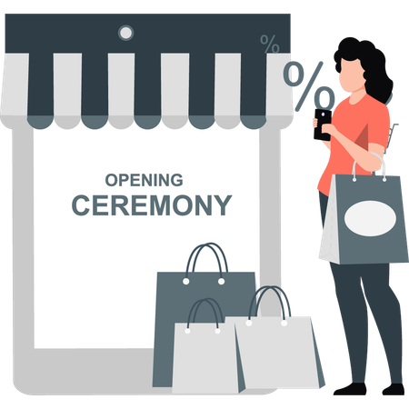 Mujer esperando la ceremonia de apertura de la tienda en línea  Ilustración