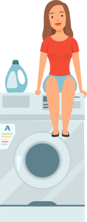 Mujer esperando ropa en la lavandería  Ilustración