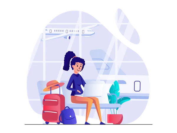 Mujer esperando vuelo  Ilustración