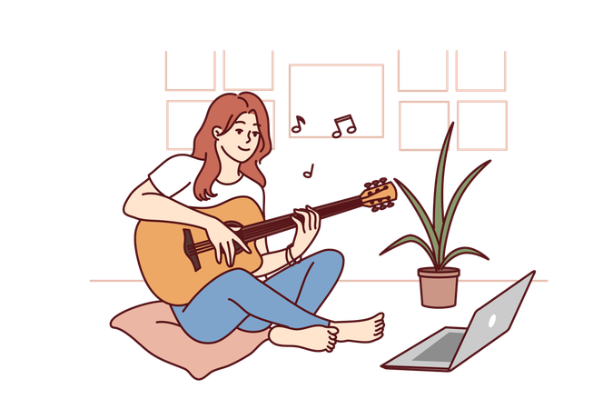 Una mujer está aprendiendo a tocar la guitarra con vídeos en línea  Ilustración