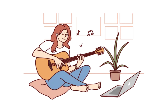 Una mujer está aprendiendo a tocar la guitarra con vídeos en línea  Ilustración