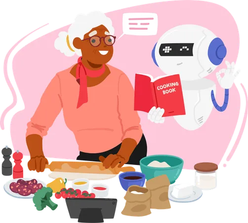 Una mujer cocina mientras busca ayuda de un chatbot  Ilustración