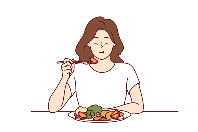 La mujer está comiendo comida dietética  Ilustración