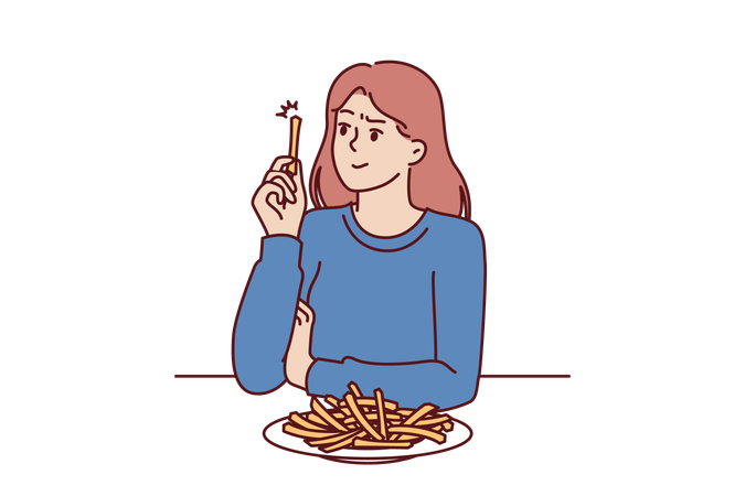 La mujer está comiendo papas fritas  Ilustración