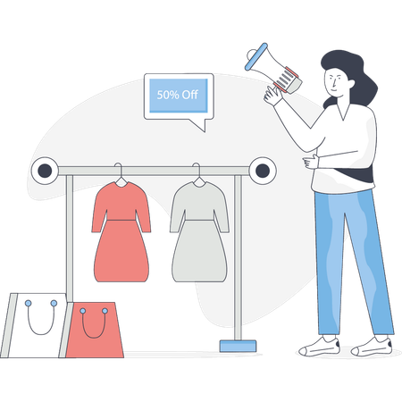 La mujer está comprando ropa con un 50% de descuento.  Illustration