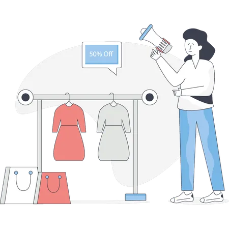 La mujer está comprando ropa con un 50% de descuento.  Illustration