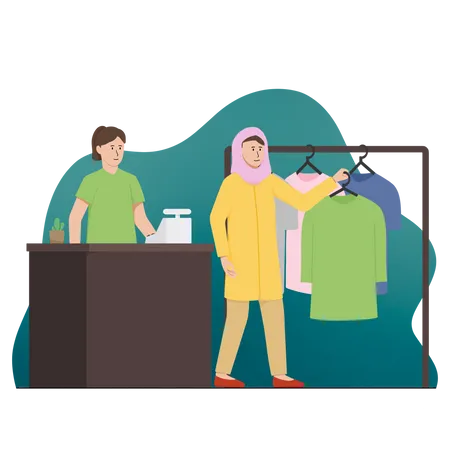 La mujer está comprando ropa en Ramadán  Ilustración