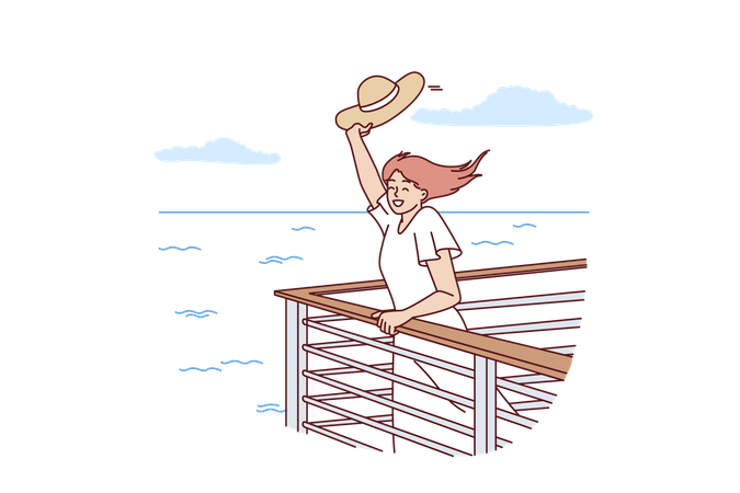 La mujer disfruta de su viaje en crucero  Ilustración