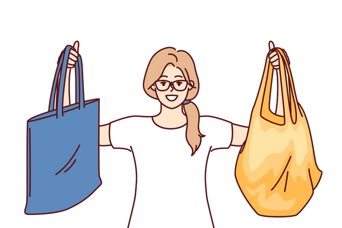 La mujer está eligiendo bolsa de compras  Ilustración