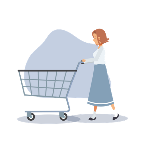 La mujer está empujando un carrito de compras vacío  Ilustración