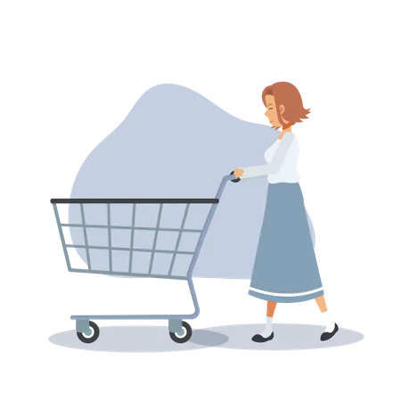 La mujer está empujando un carrito de compras vacío  Ilustración