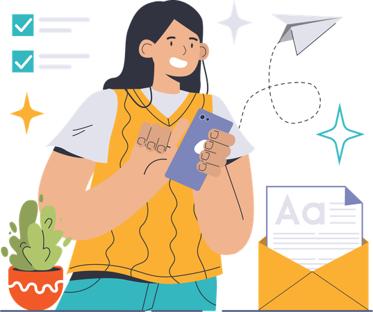 La mujer está enviando correos electrónicos  Ilustración