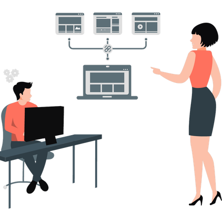 Mujer explica cómo transferir datos  Ilustración